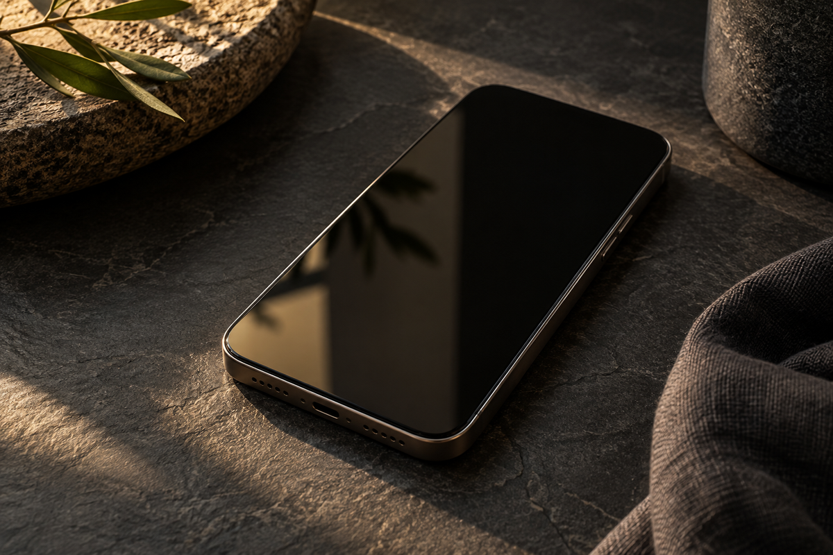 Illustration of an unbranded smartphone on dark stone