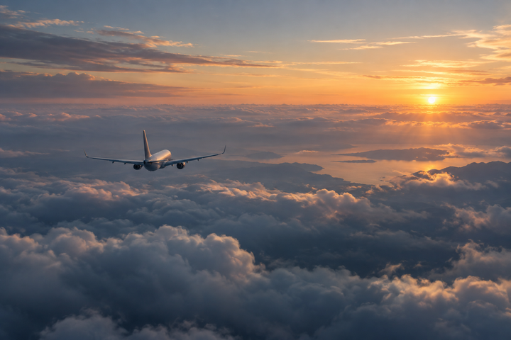 Illustration of a passenger aircraft above clouds