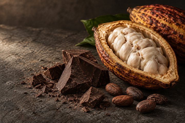 Illustration of chocolate, cocoa beans and a split cocoa pod