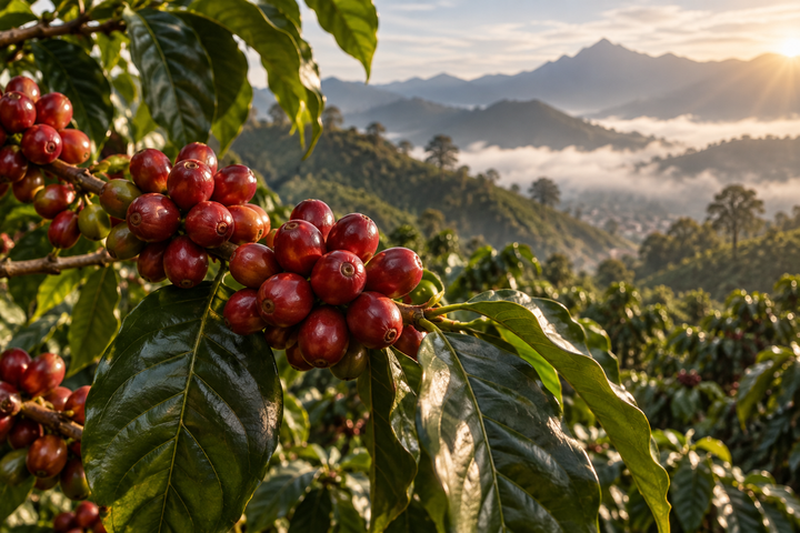 Illustration of ripe coffee cherries on a branch