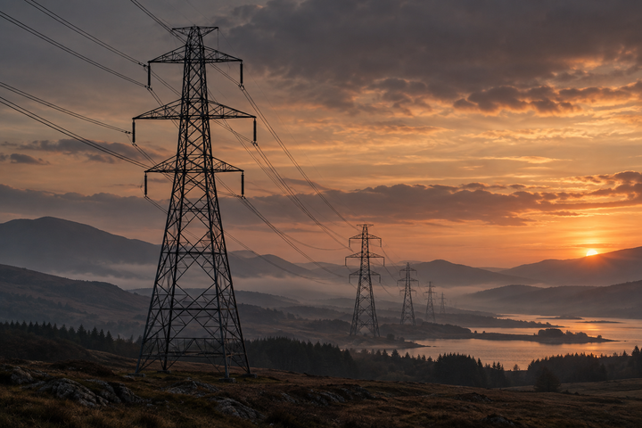 Illustration of electricity transmission lines crossing a landscape