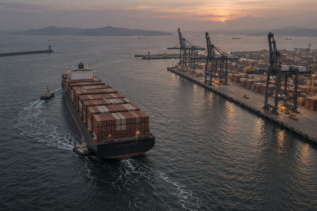 Illustration of a container ship approaching a port