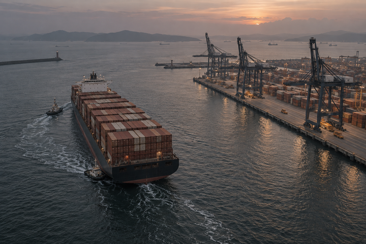 Illustration of a container ship approaching a port