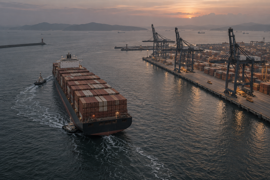 Illustration of a container ship approaching a port