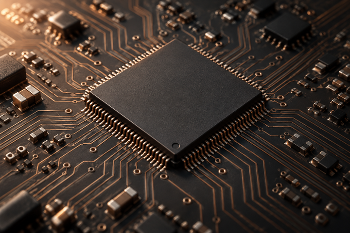 Illustration of a microchip and copper circuit traces